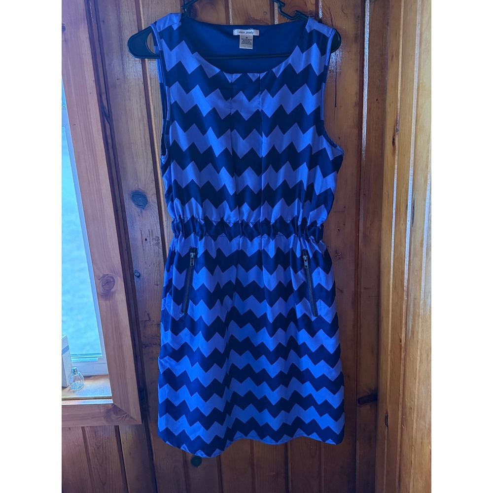 Miss Pinky Womens Blue Chevron Zig Zag Sleeveless Elastic Waist Zip Pocket Dress